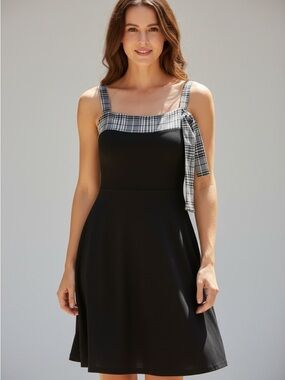 Pois sun dress black lightweight jersey feminine plaid bust & strap embellished